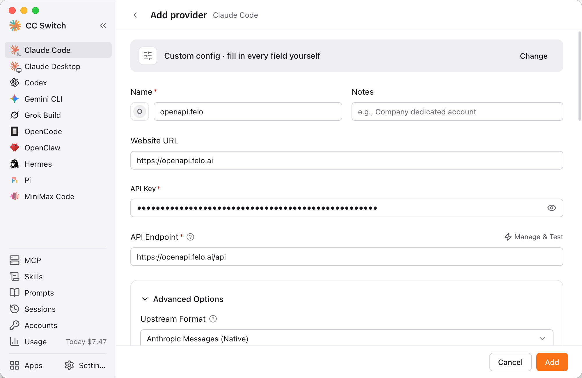 إدخال endpoint ومفتاح API الخاصين بـFelo في CC Switch